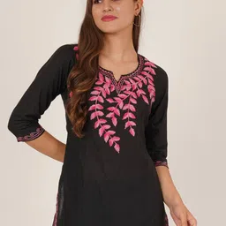 Brownverse Ethnic Motifs Embroidered V-Neck Pure Cotton Khadi Kurti-image-1