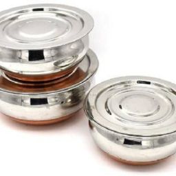 Stainless Steel Vegetable Bowl RB3 serving Handi/tableware/storage containers/bakeware/ dinner set/ kitchen set steel item for home appliances and kitchen serving cooking combo set with lid/cover/dhakkan/ storage container copper handi /URLI set fruit and salad bowl Cookware set Perfect Copper Handi Set for Everyday Use Whether you want to cook a delicious serving of your favourite sabzi or heat leftover curries from the previous day, the 3 Piecs copper handi set, Prabhu Chetty, Curved Copper Plate at Bottom, Best Quality Stainless Steel Copper Bottom Handi Pot Set, Brown & Steel, 3 Pic Handi Copper Vegetable Bowl ,Cooking Dinner Table Serving Biryani Pot Handi Kadhai , Panikarilikka Steel Handi 3 Pices Sets Handi-12