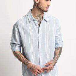 The Bear House Light Blue Loose Fit Striped Shirt-image-25