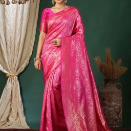 Satrani Pink Silk Blend Woven Saree With Unstitched Blouse-image-96