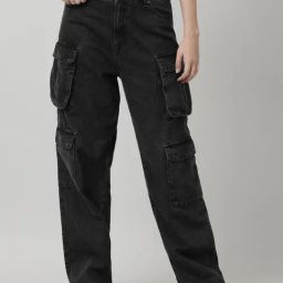 Bene Kleed Charcoal Grey Cotton Relaxed Fit High Rise Cargo Jeans-image-97