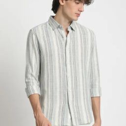 The Bear House Blue Cotton Slim Fit Striped Shirt-image-28