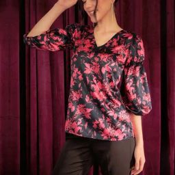 SALT Attire Black Ambrosia Floral Gathered Sleeves Top-image-49