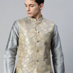 MANQ Men Woven Design Jaquard Silk Nehru Jacket-22