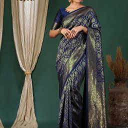 Satrani Navy Blue Silk Blend Woven Saree With Unstitched Blouse-image-91