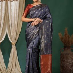 Satrani Navy Silk Blend Woven Saree With Unstitched Blouse-image-26