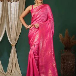 Satrani Pink Silk Woven Saree With Unstitched Blouse-image-20