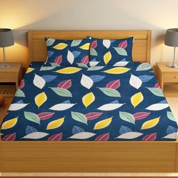 IVAZA Unisex Blue 330 TC Leaf Queen Bedsheet with 2 Pillow Covers-image-90