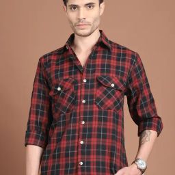 Indian Needle Red Cotton Regular Fit Checks Shirt-picture-19