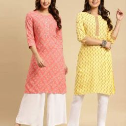 Rangita Peach & Yellow Printed Straight Kurta - Pack OF 2-image-14