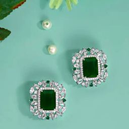 Abdesigns Silver Plated Emerald American Diamond Stud Earrings-70
