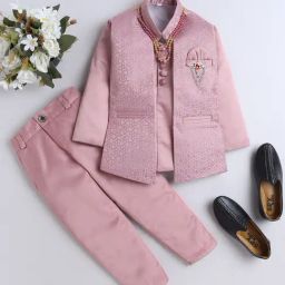 Fourfolds Boys Pink Embroidered Full Sleeves Indo Blazer with Pants-image-28