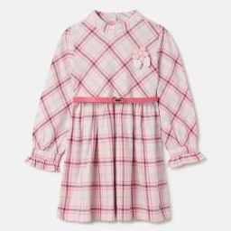 Elle Girls Pink Cotton Checks Full Sleeves Dress-image-40