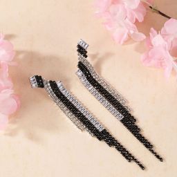 StyleCast Silver-Plated Rhinestone Studded Tasselled Square Shaped Drop Earrings-image-64