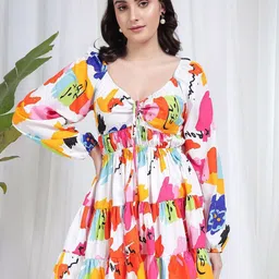 VANGULL Women Printed Tie-Up Neck Puff Sleeve Organic Cotton Empire Mini Dress-picture-4