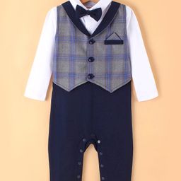 Mark & Mia Full Sleeves Party Romper With Yarn Dyded Checks Waist Coat and Bow - Blue-image-72
