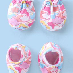 Babyhug 100% Cotton Knit Mittens & Booties Set with Clouds Print - Pink-image-76