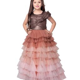 Betty By Tiny Kingdom One Cold Shoulder Style Pleated Knot Detailed Striped Self Designed Gradient Tulle Layered Party Gown     - Rust Brown-image-1