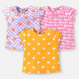 Babyhug Cotton Knit Half Sleeves T-Shirts Text  Graphics Pack of 3- Pink Purple & Yellow-image-3