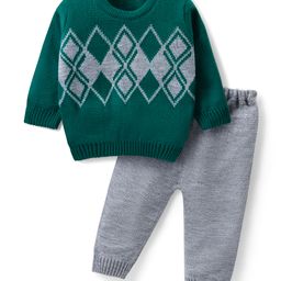 Babyhug Knit Full Sleeves Pullover Sweater Argyle Design - Green & Grey-picture-24