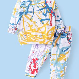 Babyhug Cotton Knit Full Sleeves T-Shirt & Lounge Pants Co-Ord Set With Color Splash Print - Off White-image-11