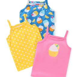 Babyhug 100% Cotton Knit Sleeveless Slips Polka Dot & Cupcake Print Pack Of 3 - Yellow Blue & Pink-image-20