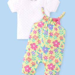 Babyhug Single Jersey Knit Half Sleeves T-Shirt & Dungaree Set Floral Print - Multicolor-image-56