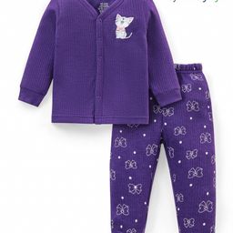 Babyoye Cotton Modal Knit Full Sleeves Front Open Thermal Inner Wear Set with Kitten & Bow Print - Purple-image-51