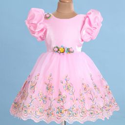 Bluebell Satin Half Puffed Sleeves Floral Embroidered & Corsage Detailing Flared Party Frock - Pink-image-52