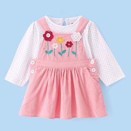 Babyhug Cotton Woven Floral Embroidered Frock With Full Sleeves Polka Dots Inner Tee - Pink-image-24