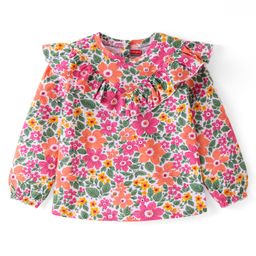 Babyhug Cotton Knit Full Sleeves Top Florl Print & Frill Detailing - White  Pink & Green-image-66