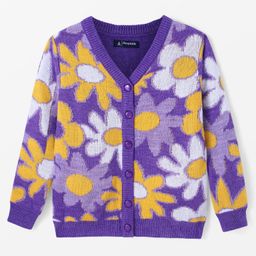 Pine Kids Full Sleeves Front Open Sweater With Floral Design - Purple Yellow & White-image-77