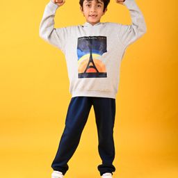 Anthrilo Fleece Full Sleeves Eiffel Tower Printed Sweatshirt & Joggers Set - Grey & Navy Blue-6