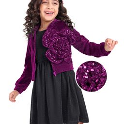 Hola Bonita Knit Knee Length Glitter Party Frock with Full Sleeves Jacket & Sequined Floral Applique - Purple-picture-20