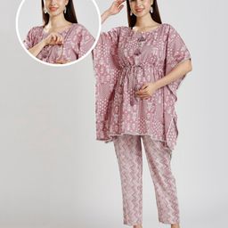 True Shape Cotton Half Batwing Sleeves Floral Printed & Lace Embellished Coordinating Maternity Kaftan Kurta With Nursing Access & Pant Set - Lavender-picture-15