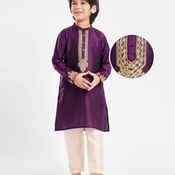 Earthy Touch Woven Full Sleeves GadhwalEmbroidered Kurta Pyjama Set - Plum-image-32