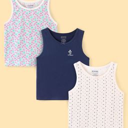 Pine Kids Cotton Lycra Knit Sleeveless Vests with Floral & Polka Dot Prints Pack of 3 - Navy Blue & Beige-10