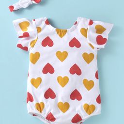 Mark & Mia Interlock Knit Half Sleeves Onesie with Headband & Hearts Print - White-image-65