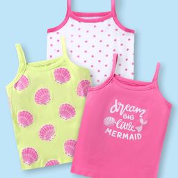 Babuhug 100% Cotton Knit Sleeveless Antibacterial Slips with Polka Dots & Text Print Pack of 3 - Dark Pink White & Neon Green-image-39
