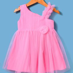 Babyhug Woven Sleeveless Fit & Flare Mesh Party Dress with Floral Corsage - Pink-picture-11