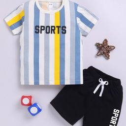 Little Ninja Cotton Half Sleeves Sports Text Printed Striped Tee & Shorts Set - Blue & Black-image-40