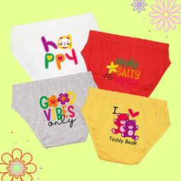 NUSYL Cotton Pack Of 4 Happy Text & Teddy Bear Face Printed Panties - White Red Grey & Yellow-image-82
