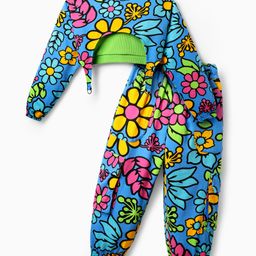 OLLINGTON ST. Cotton Co-ord Set of Full Sleeves Top & Floral Printed Joggers with Inner Rib Tee - Blue-image-85