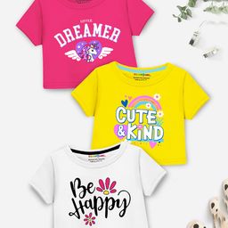 Trampoline Cotton Blend Pack Of 3 Half Sleeves Unicorn & Be Happy Text Printed Crop Tees - Multi Colour-image-41