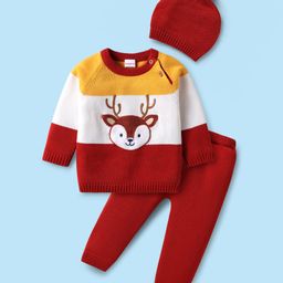 Babyhug Organic Cotton Knitted Full Raglan Sleeves Sweater Set with Cap & Reindeer Design - Red & Yellow-image-35