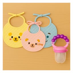 KIDS BASIC Premium Silicone Fruit Rattle Nibbler & 3 Knot Printed Bibs - Purple & Multicolor (Pack of 4)-6