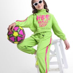 Ollington St. Cotton Knit Full Sleeves Printed Sweatshirt & Joggers Set - Lime Green-picture-37