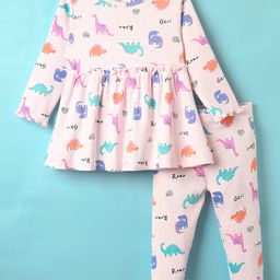 CUCUMBER Interlock Knit Full Sleeves Frocks with Legging With Dino Print - Light Pink-3