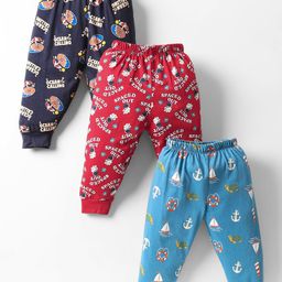 CUCUMBER Cotton Knit Full Length Space & Nautical Theme Printed Leggings Pack of 3 - Red Black & Light Blue-image-92
