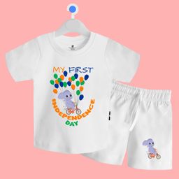 The Peppy Tend 100% Cotton Knit Independence Theme Half Sleeves My 1st Independence Day Text Printed Tee & Coordinating Shorts Set - White-image-93